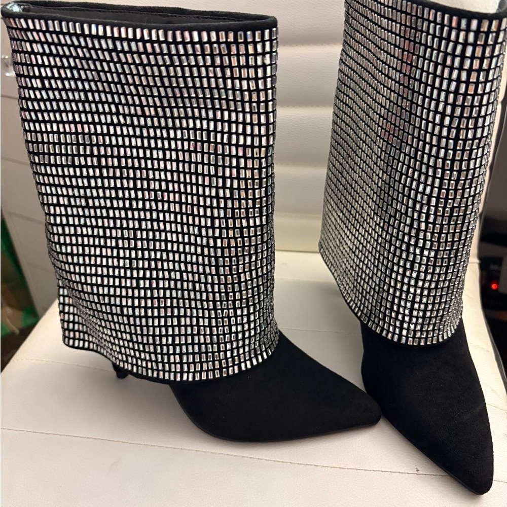 Fashion Nova Black and Silver Heeled Boots
